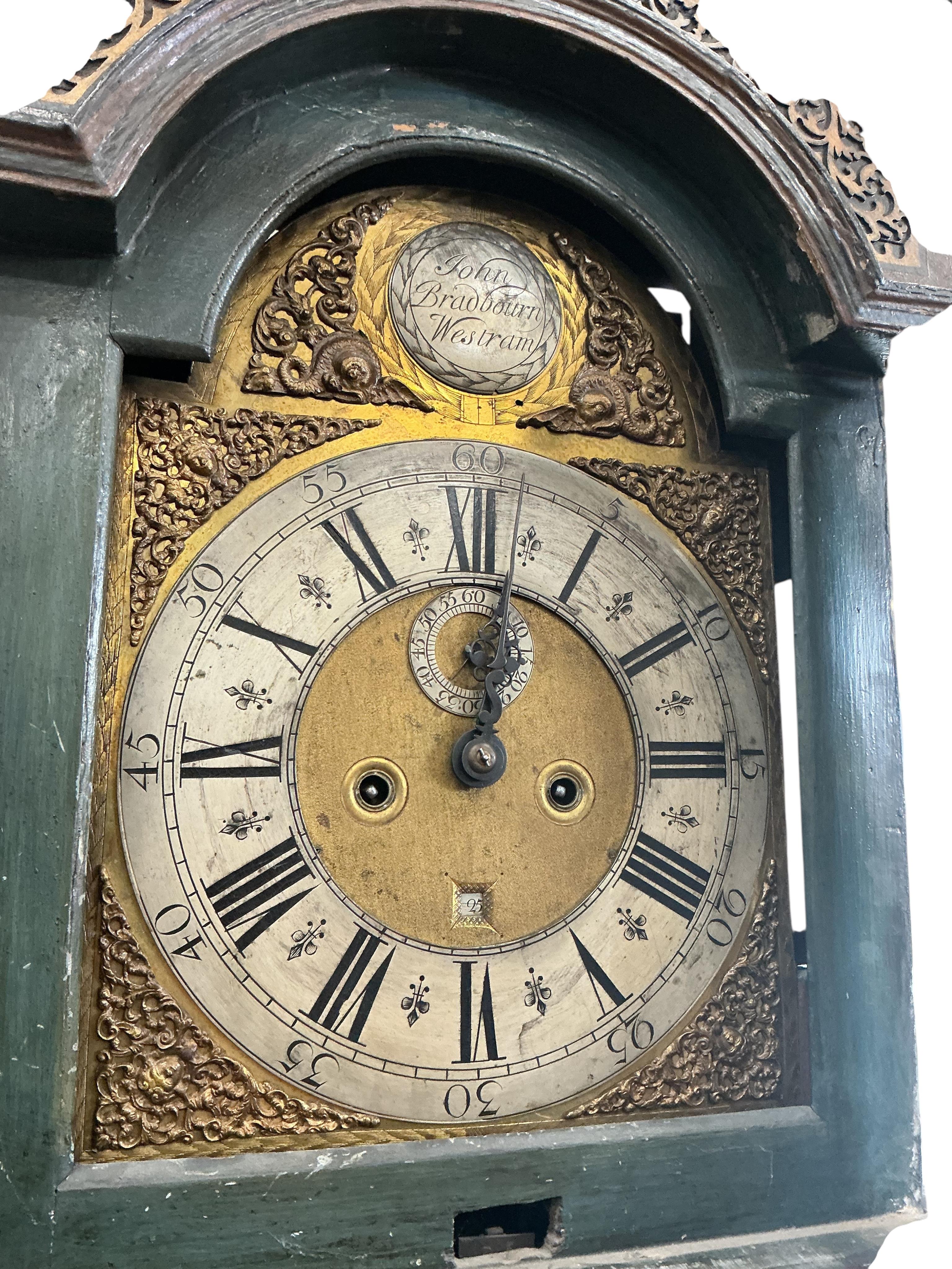 John Bradbourn - Westram (sic) - a George III green lacquered and painted and decorated 8 day longcase clock. Note: John Bradbourn recorded as working in Westerham, born 1744, clockmaker 1761. Plinth probably replaced, h